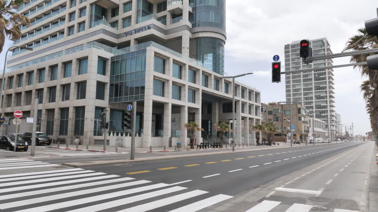 View of empty Koifman street and Tel Aviv beach during pandemic lockdown