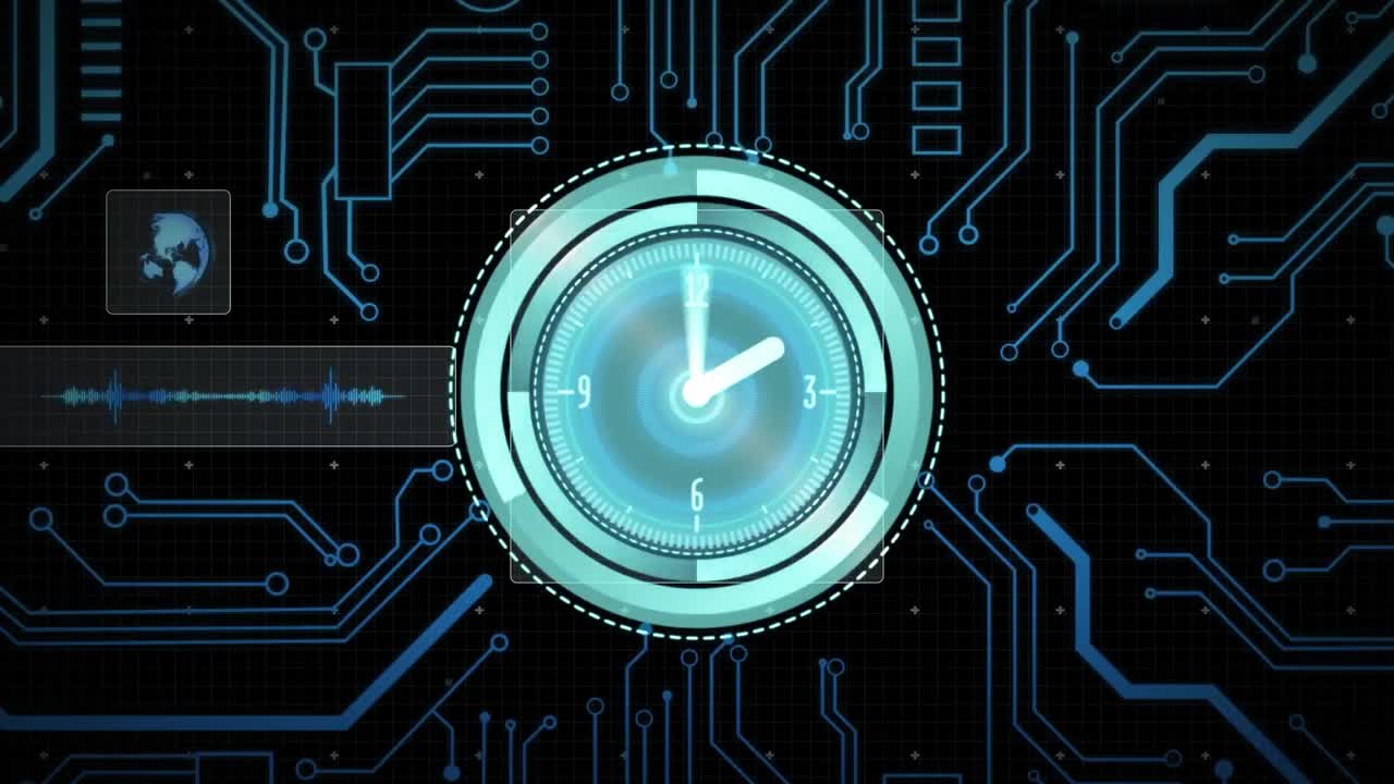 Animation of data processing with scope scanning with clock on black background