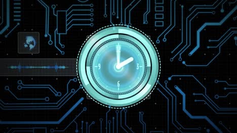animación del procesamiento de datos con escaneo de alcance con reloj sobre fondo negro