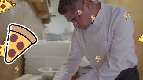 animación de iconos de pizza sobre un chef masculino biracial haciendo pizza