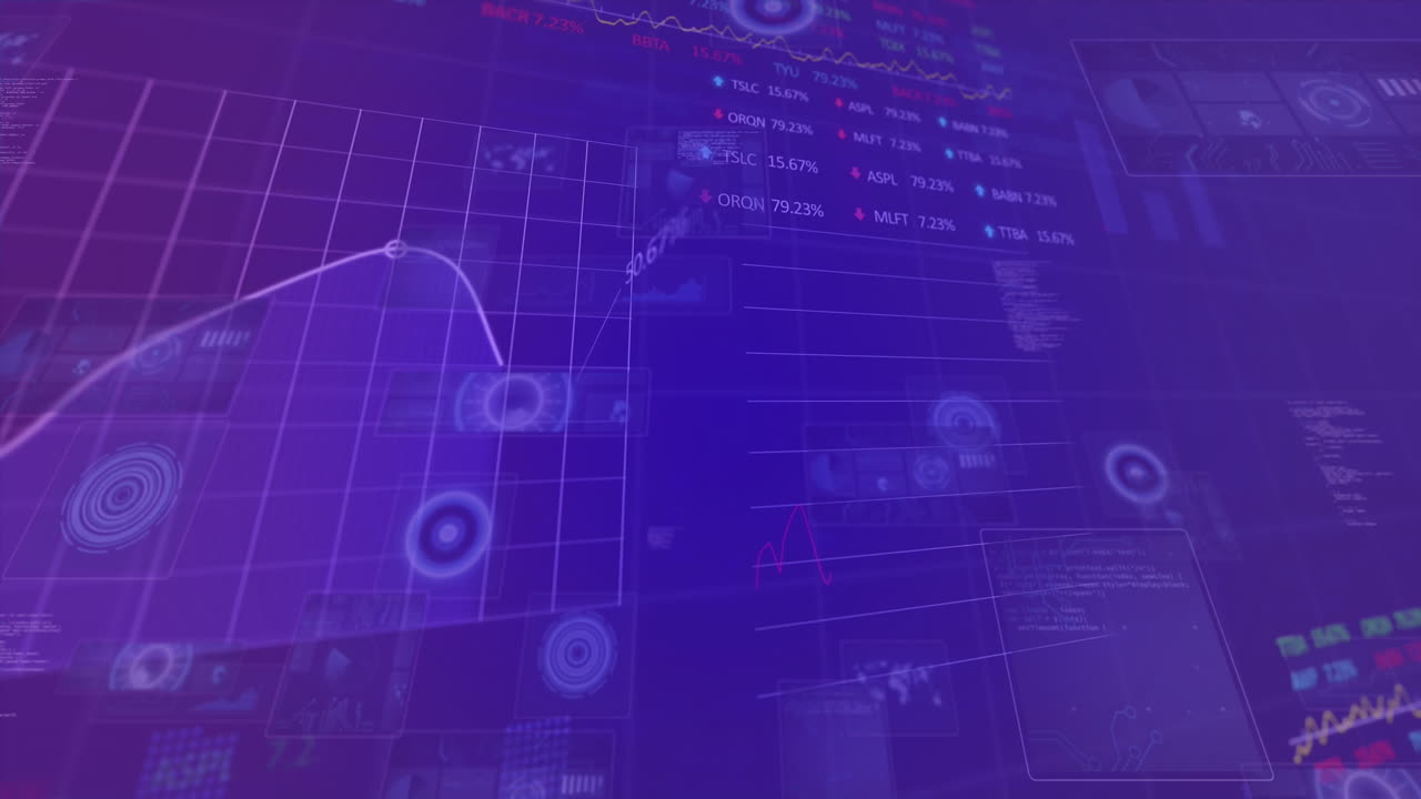 Animation of circles, radars, map, computer language, graphs, trading boards over black background