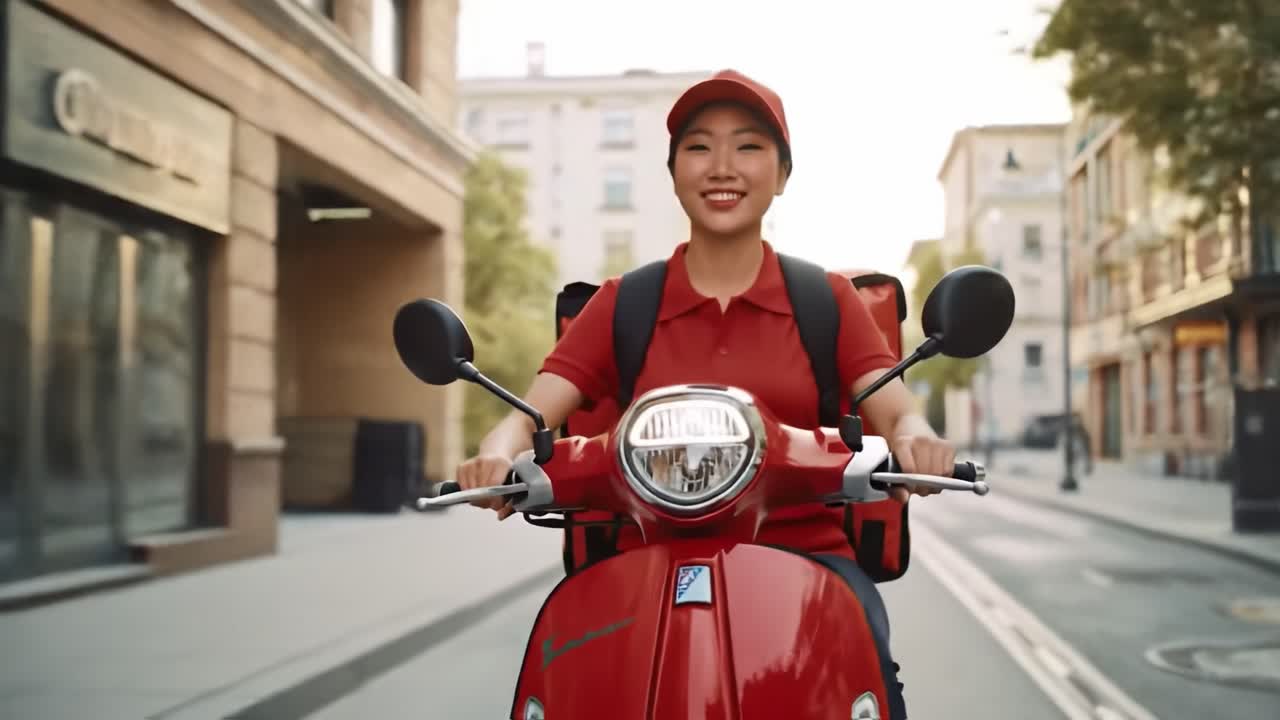A delivery person wearing a red uniform rides a scooter joyfully down a bustling urban street. Sunlight illuminates the surroundings, highlighting the vibrant ambiance of the city.