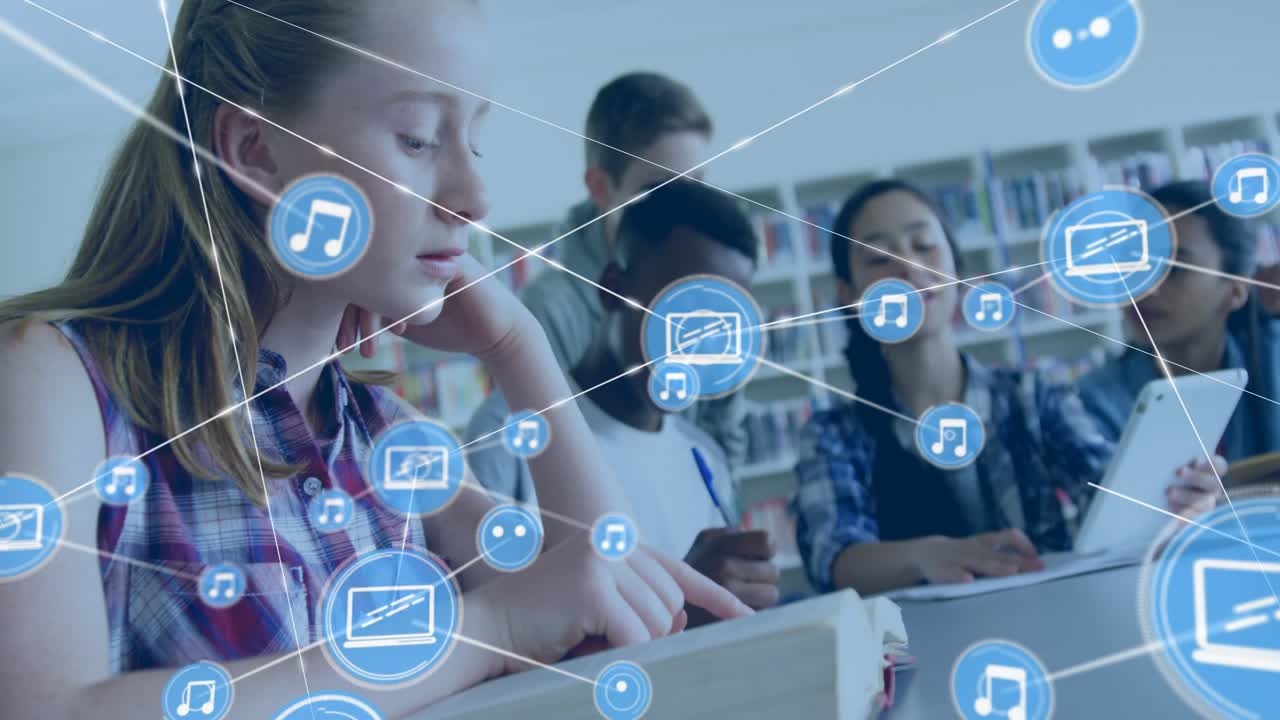 Girl reading book in library single blue icon emerging and forming study nodes over peers' devices