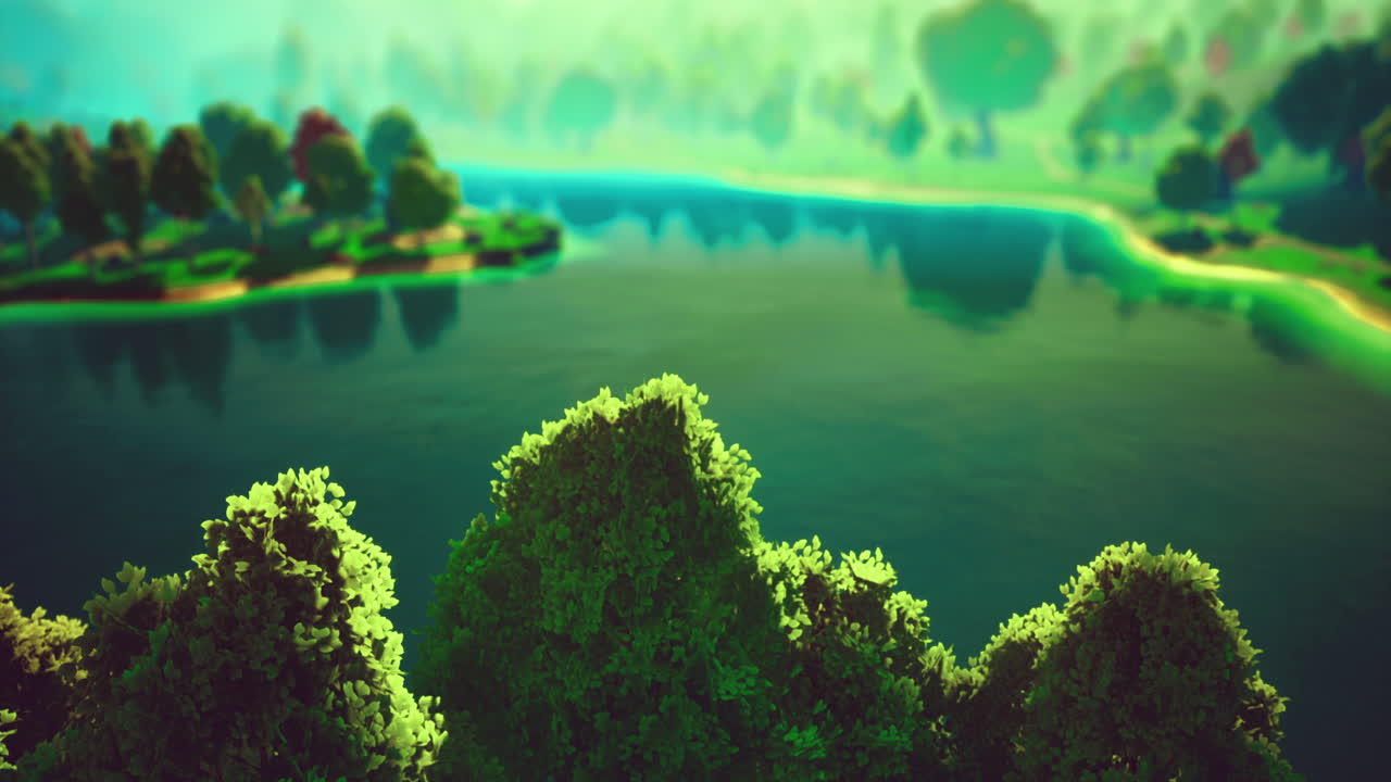 Vibrant greenery frames a calm lake reflecting the colorful hues of dawn