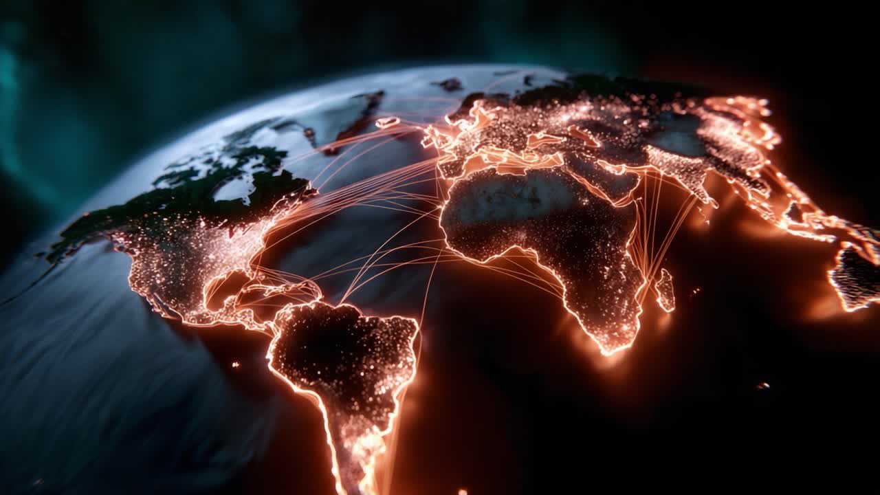 La Terra risplende con reti arancioni ardenti che collegano i continenti. Linee digitali pulsano attraverso il globo, simboleggiando la comunicazione e il commercio globale. Perfetto per temi di tecnologia, affari o connettività globale