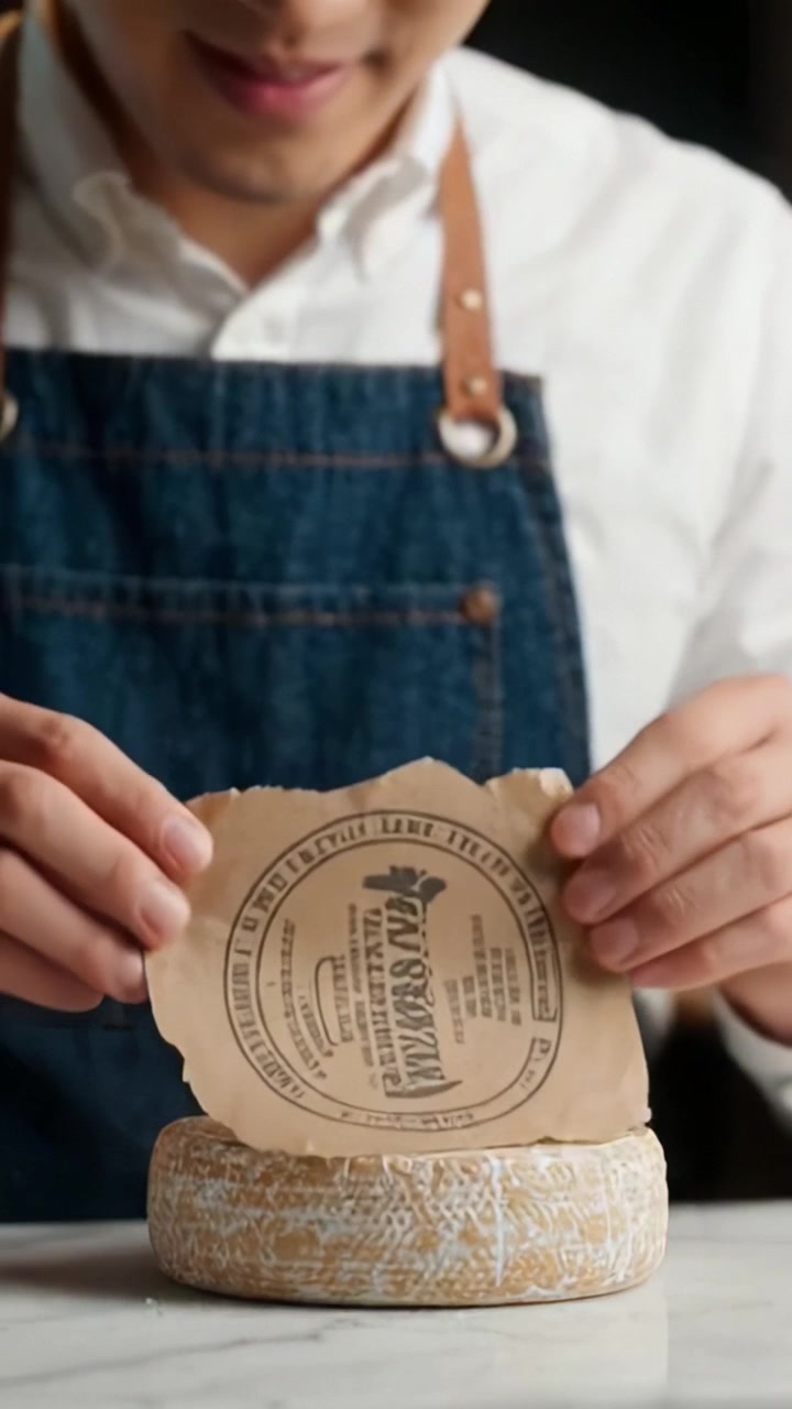 Un intenditore di formaggi che stacca con cura l'etichetta da un formaggio rotondo, mostrando la delicata maestria e l'attenzione ai dettagli nella presentazione del cibo.