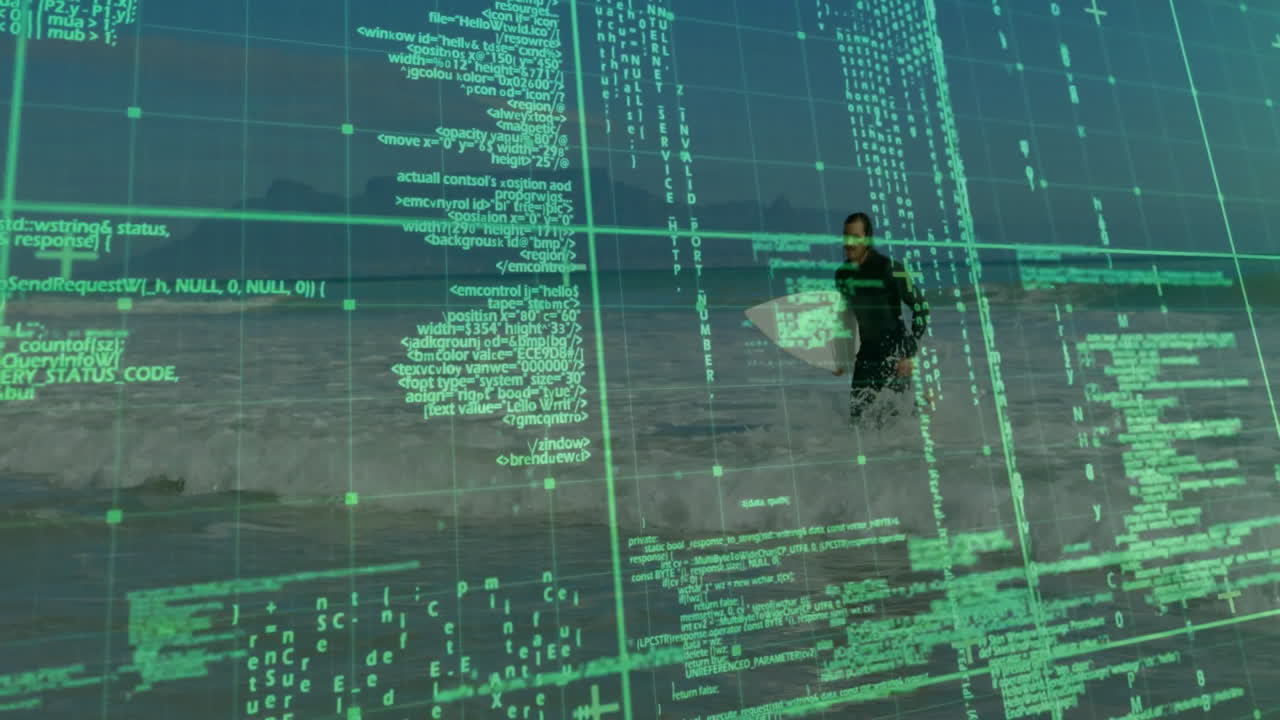 Walking on beach, person with digital code animation overlaying scene