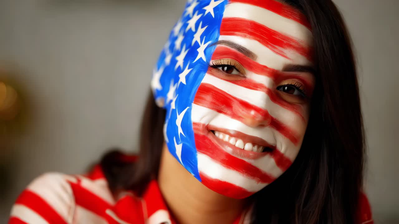 mujer con la bandera americana pintada en la cara
