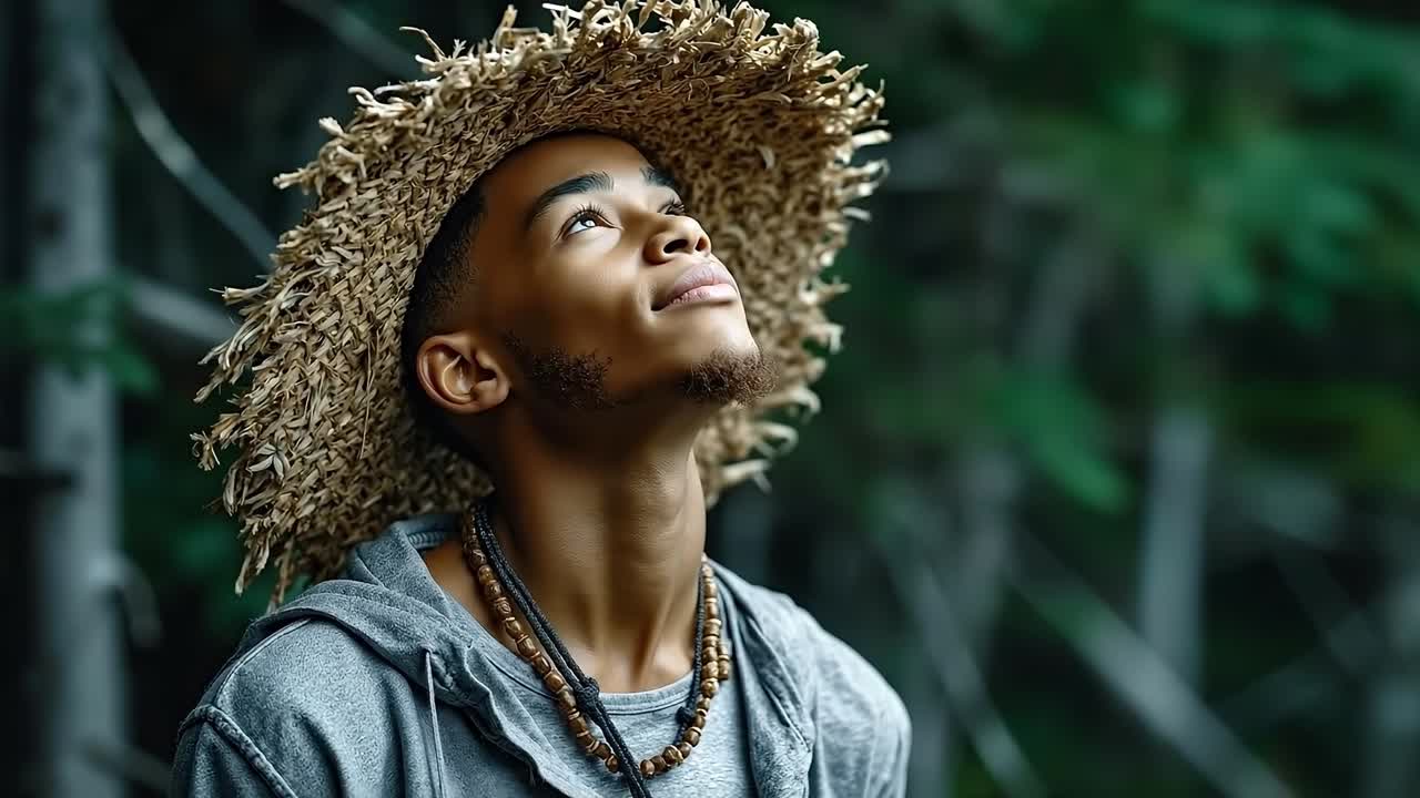 A man wearing a straw hat looking up at the sky