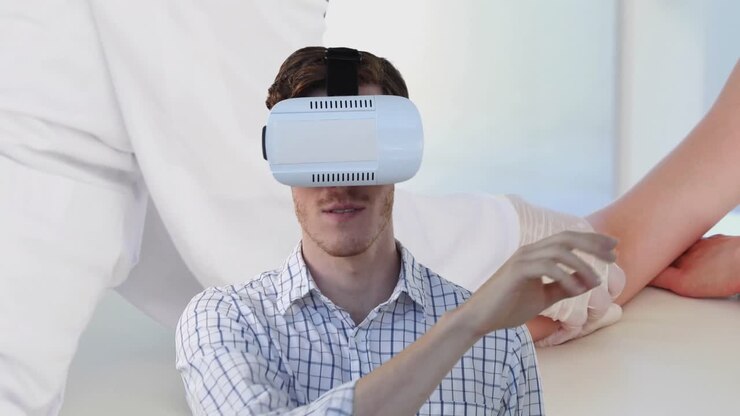 Animazione di uomo che usa un visore VR su medico e paziente donna