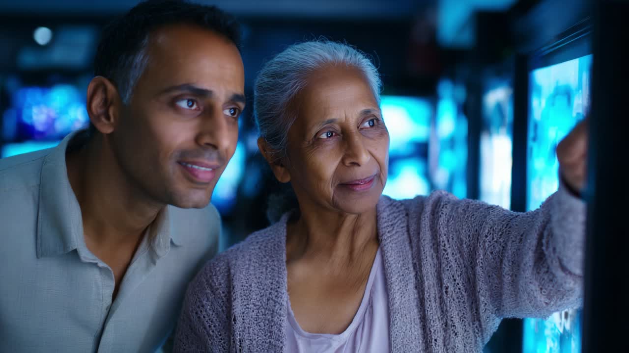 A heartfelt interaction between a man and an elderly woman as they explore a captivating visual display, sharing smiles and meaningful moments in a dimly lit environment that enhances their connection