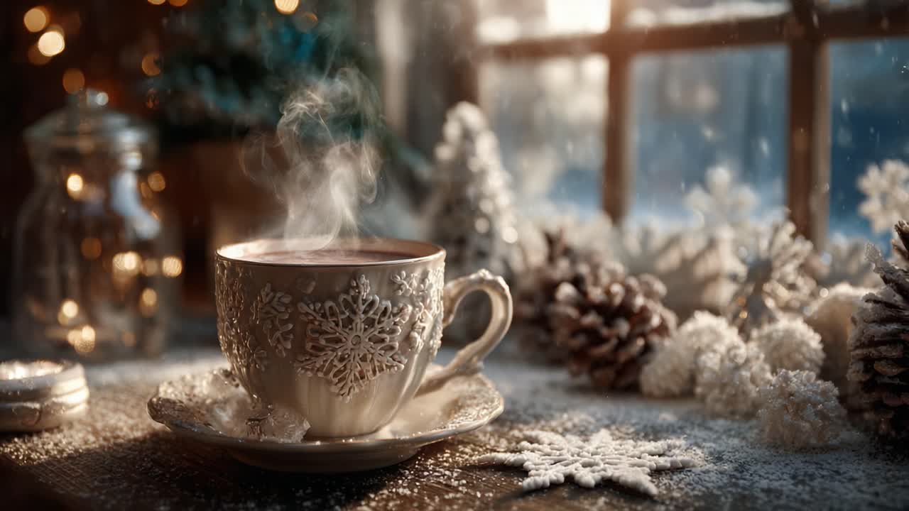 A Cozy Winter Scene Featuring a Steaming Mug of Hot Beverage Surrounded by Seasonal Decorations, Pinecones, and Soft White Snowflakes on the Table
