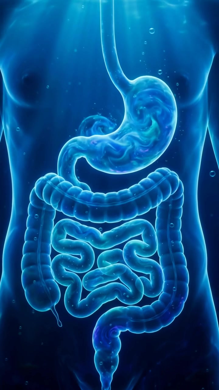 Glowing blue stomach and intestines inside a translucent torso in an animated body view