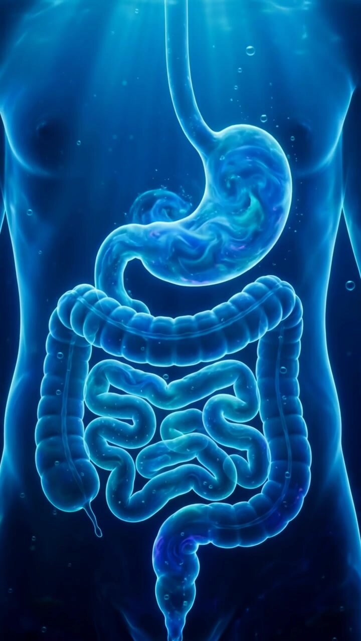 Glowing blue stomach and intestines inside a translucent torso in an animated body view