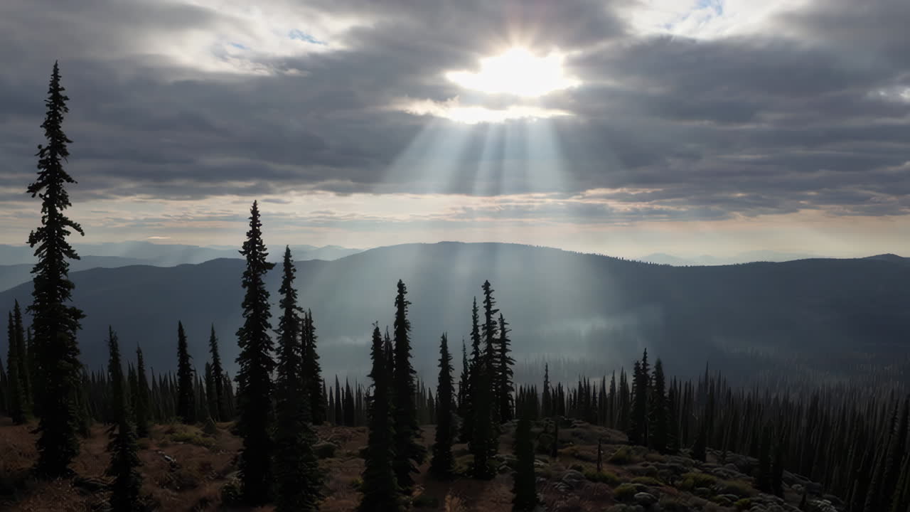 Sun Rays Piercing Through Clouds Over a Mountainous Forest
