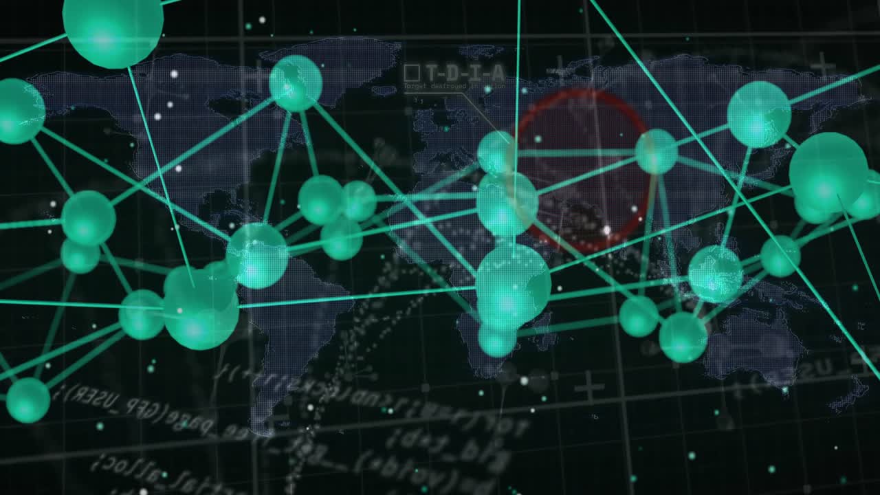 Grønt node-netværk reagerer på kameraskift, driver, roterer og pulserer for at afsløre datalinks.