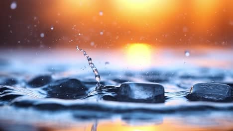 rippling water under a glowing sunset. water splashes create ripples as the sun sets, illuminating the surface with warm golden hues in the evening.