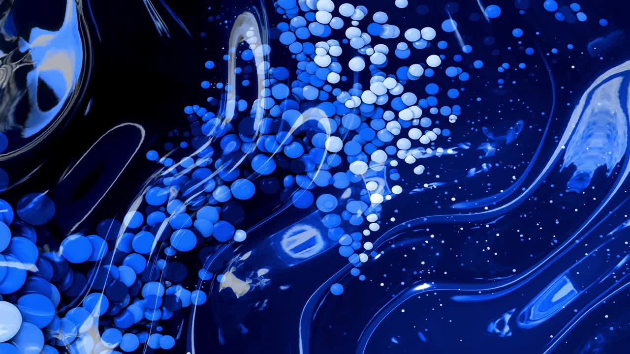 hermoso fondo en bucle abstracto de superficie brillante y brillante como líquido azul ondulado con círculos que flotan como gotas de pintura en aceite. fondo creativo con gradiente de color azul en 4k. 3d