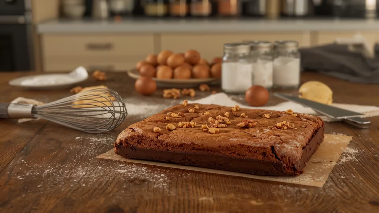 Ripresa ravvicinata che enfatizza la chiusura della camera sulla preparazione al cioccolato con noci su un bancone in legno, con una frusta che ne mostra la consistenza