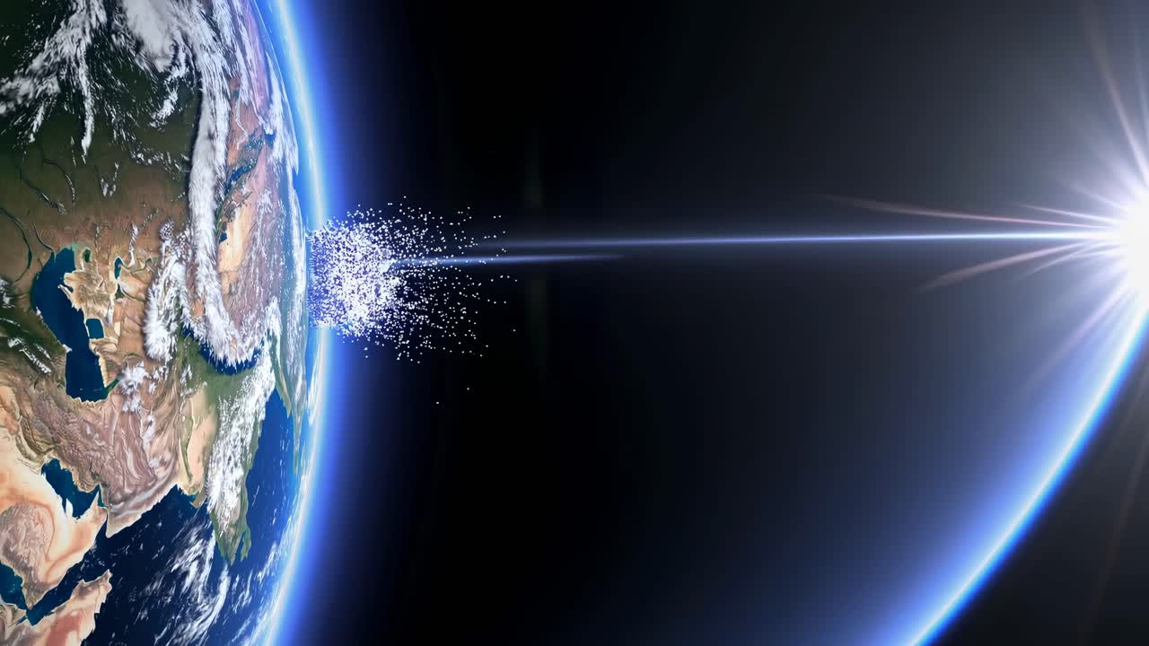 Dramatic space video scene with Earth from a low-angle view, capturing a bright beam of light