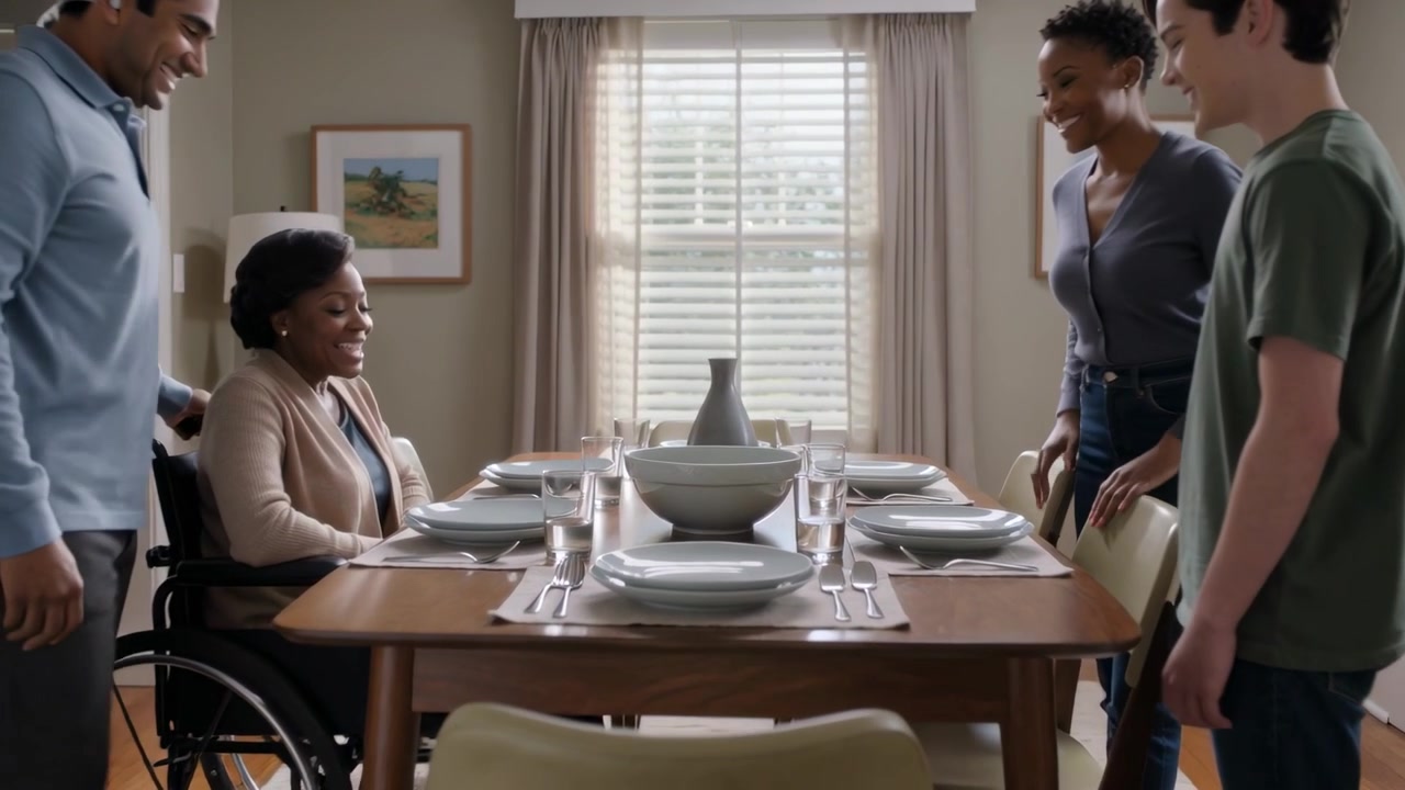 Leaning man in shirt handing serving bowl on dining table, woman placing, wheelchair