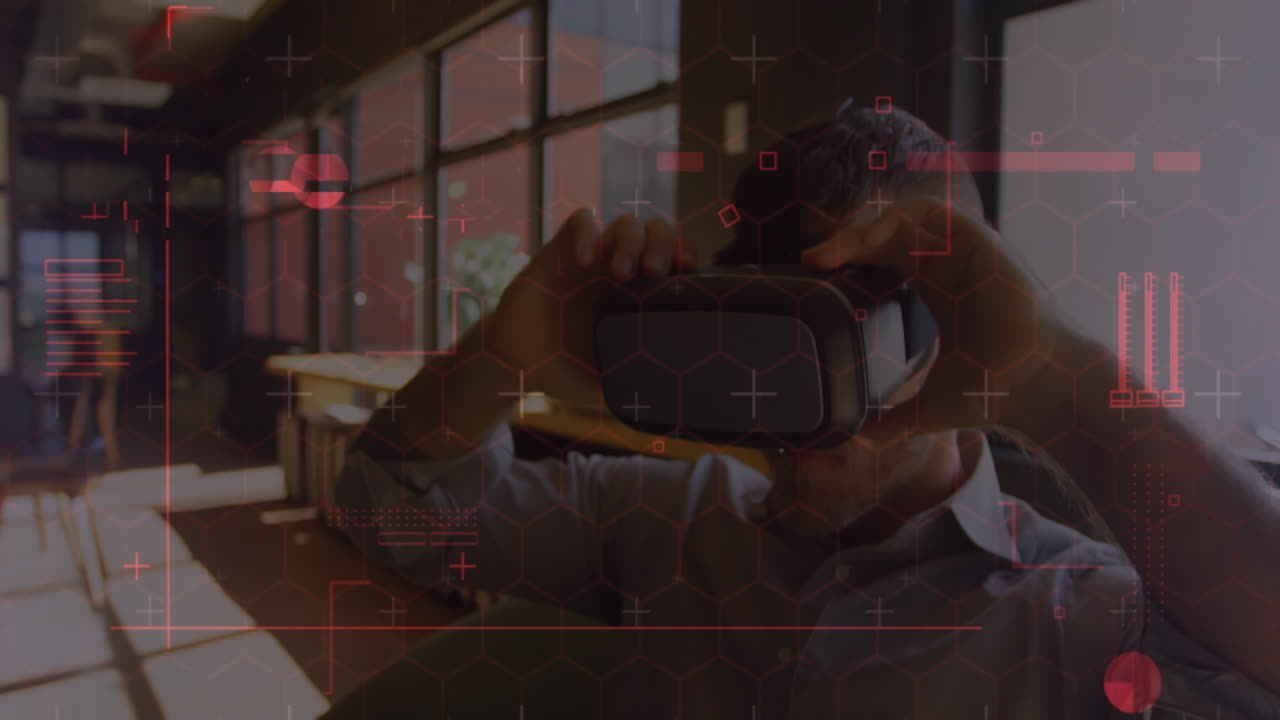 Digital interface with data processing against caucasian senior man wearing vr headset at office