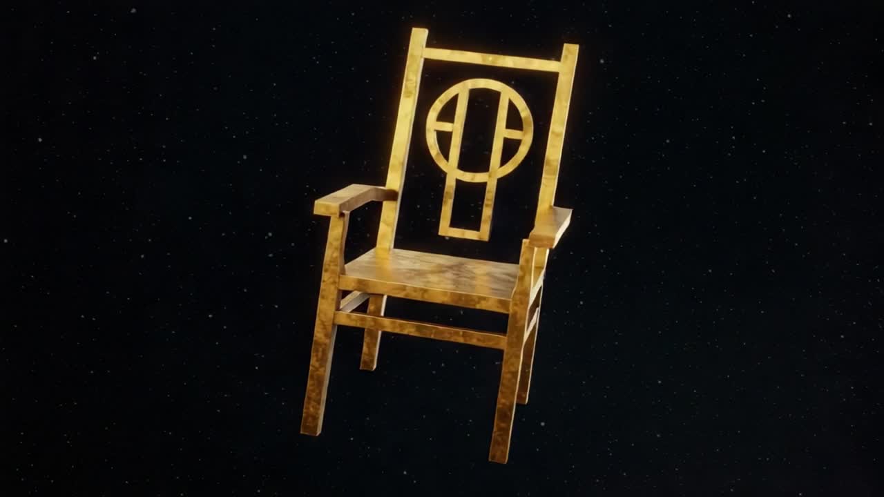 A Glowing Golden Chair Suspended in a Cosmic Space, Radiating an Ethereal Light that Captivates the Imagination and Invites Exploration of Its Mystical Presence