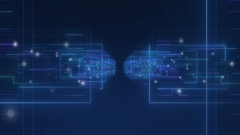 Animation of glowing light trails and data processing on blue background