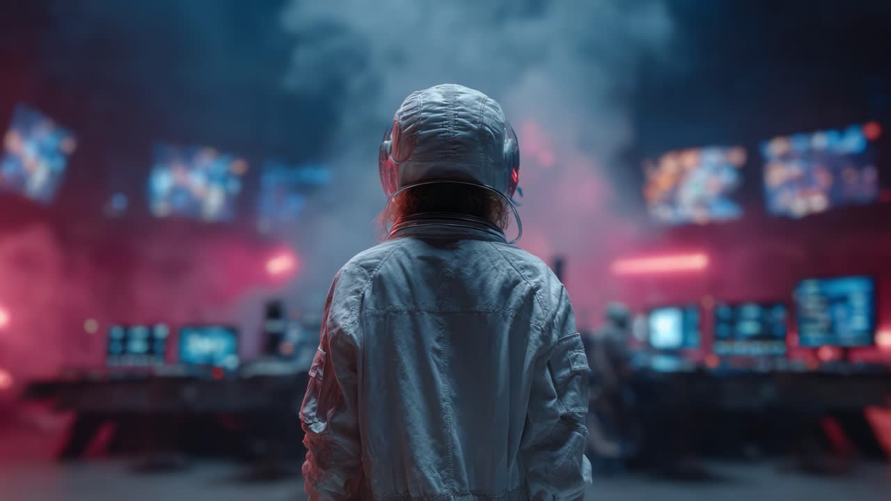 An Astronaut in a Futuristic Gaming Arena Surrounded by Neon Lights and Digital Displays, Immersed in a Mystical Atmosphere of Competition and Excitement