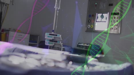 Animation-of-dna-strands-and-connections-over-empty-operating-theatre-at-hospital