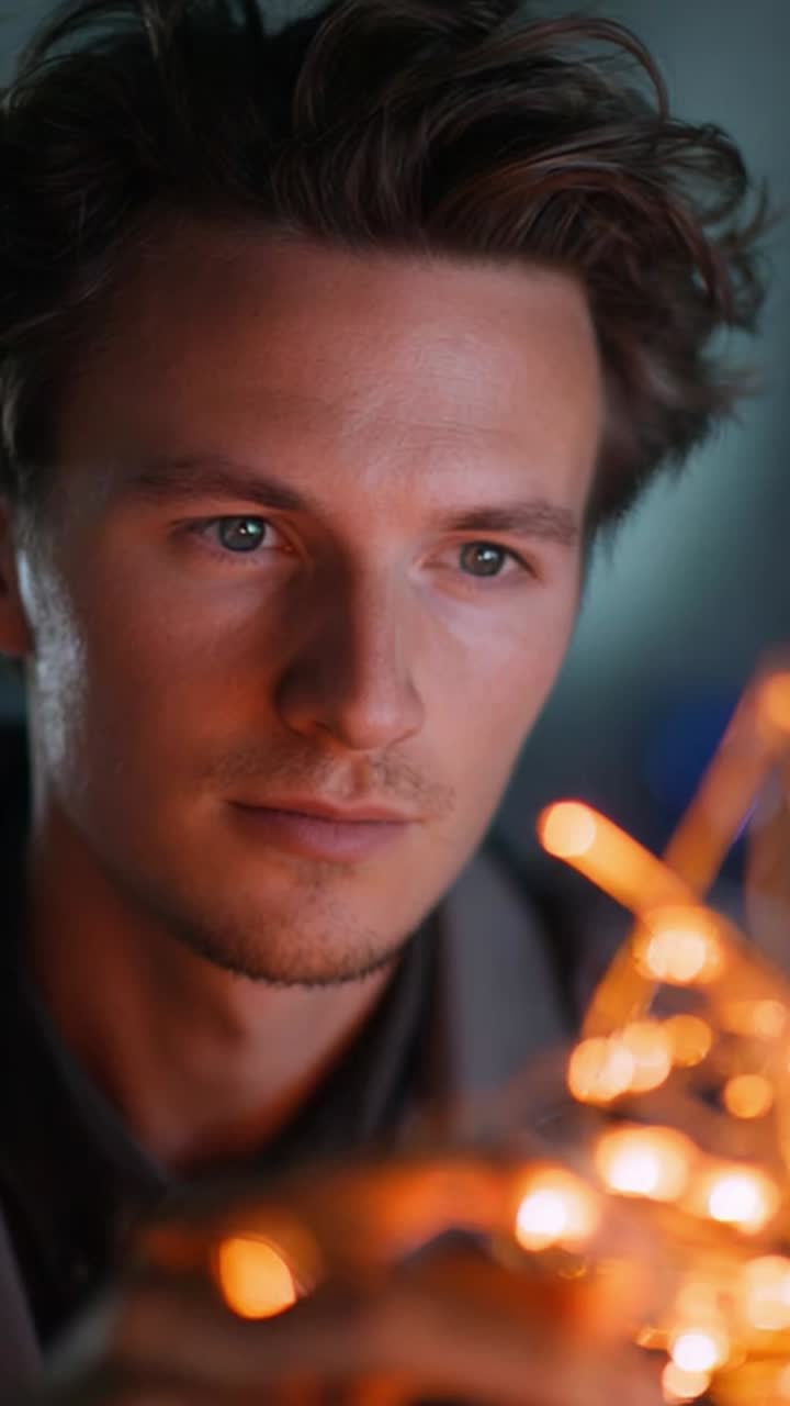 A Close-Up Shot of a Thoughtful Young Man Reflecting in Dim Light Surrounded by Glowing Orange Lights, Capturing an Introspective Moment of Serenity