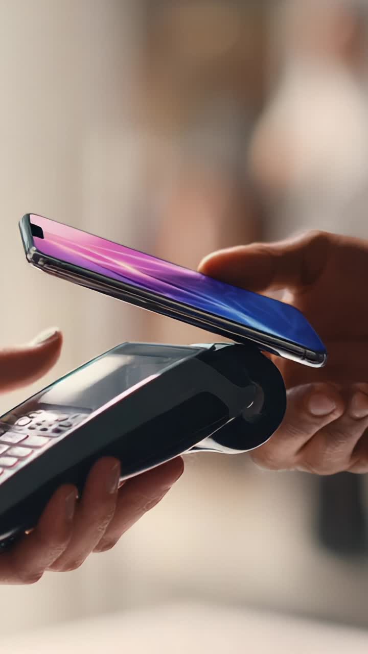 Mobile Payment Technology Demonstration: A Handheld Device Processing Transaction with a Smartphone Close-Up Showing Contactless Payment Interaction