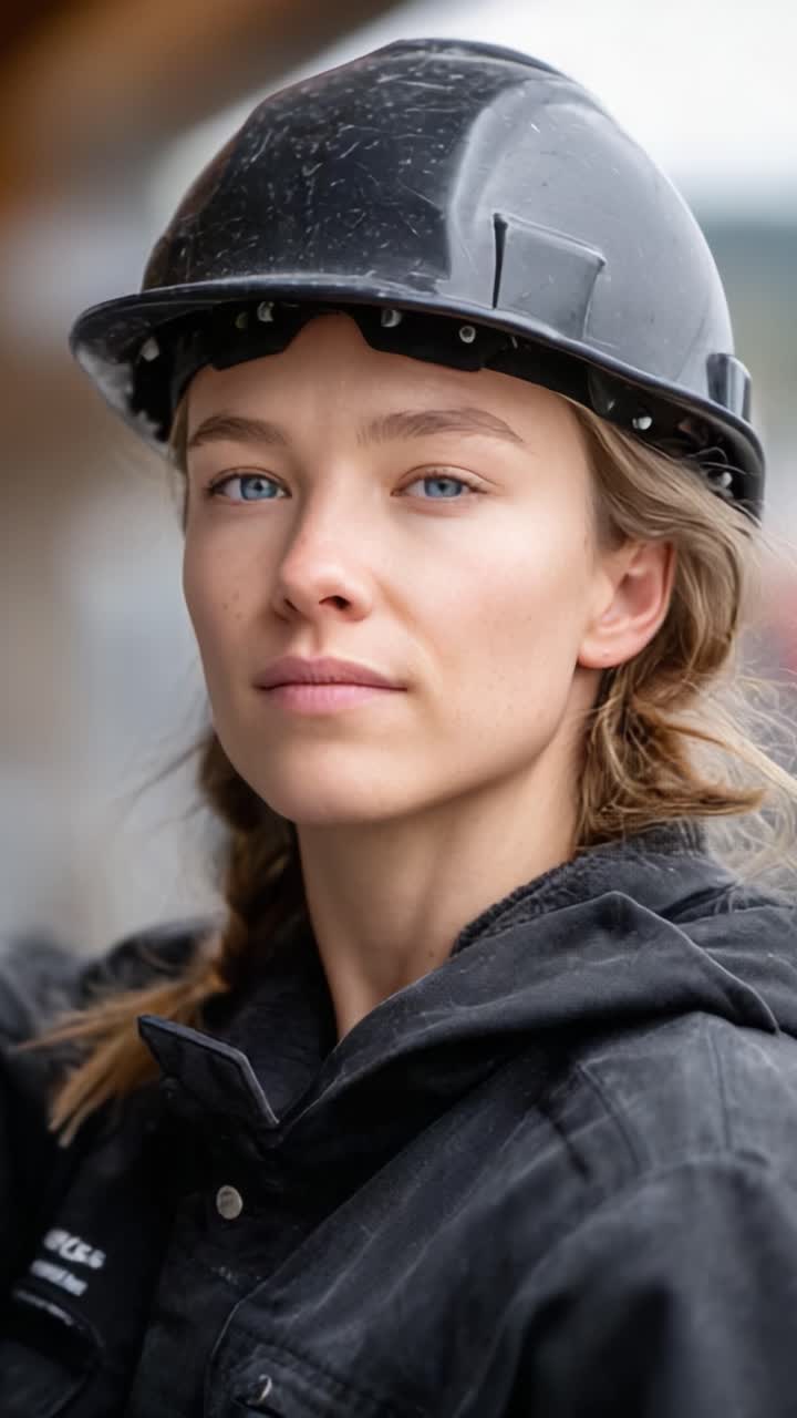 A Portrait of a Female Construction Worker in a Hard Hat Showcasing Determination and Focus During a Moment of Reflection on the Job Site