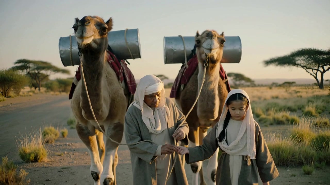 Walking man in robe seeing girl's gaze, checking token, leading camels with drums along dirt road