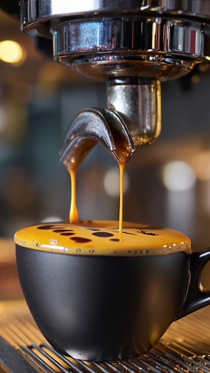 Caffè espresso appena fatto che si versa in una tazza nera con volute cremose, catturando la ricchezza del caffè in un accogliente ambiente da caffè