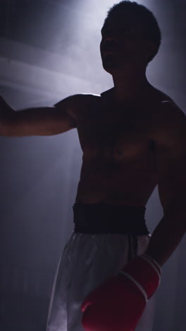 Vertical-Video-Studio-Shot-With-Low-Key-Lighting-Of-Silhouetted-Boxer-Ready-To-Fight-Standing-In-Pool-Of-Light-In-Boxing-Ring-Hitting-Chest-With-Glove