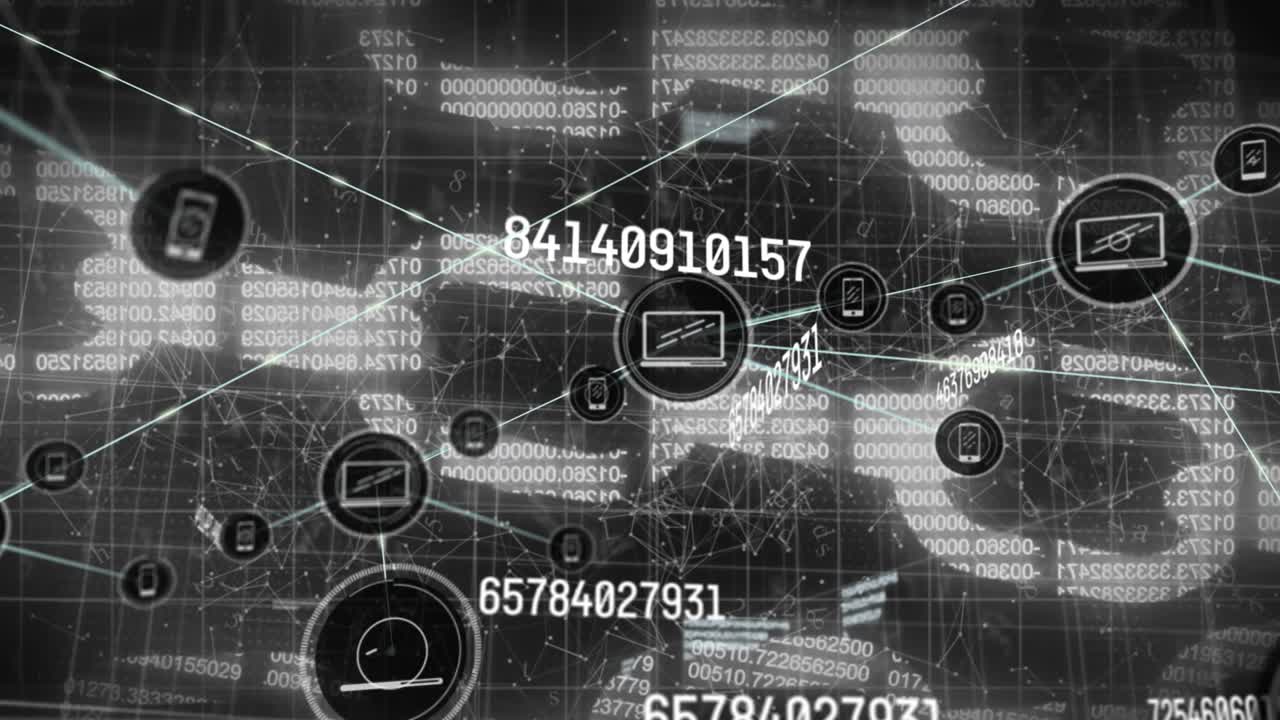 Animation of graphical numbers with chain patterns, connecting the dots, icons connecting the lines