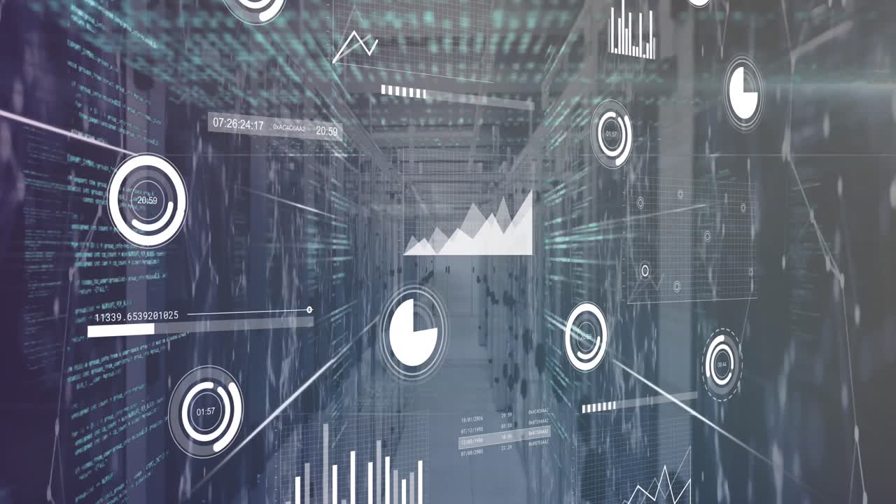 Animation of statistical data processing and network of connections against computer server room