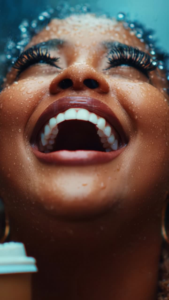 Joyful Laughter Under Rain: A Close-Up Portrait Capturing Pure Happiness with Glowing Skin, Shining Eyes, and Water Droplets Enhancing the Moment of Bliss