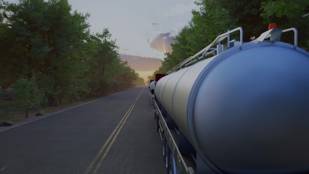 Two Gasoline Tanker Semi Truck On Asphalt Road. Silver Fuel Semi Truck Fast Driving On Straight Freeway In Countryside Dense Forest
