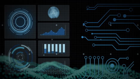 Animation-of-interface-with-round-scanners-and-statistical-data-processing-against-neon-digital-wave