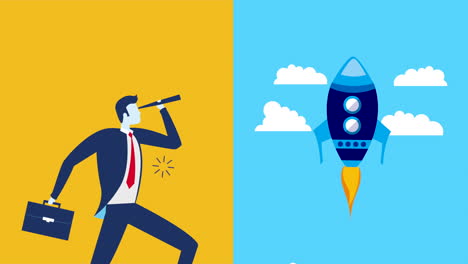 businessman worker with telescope and rocket