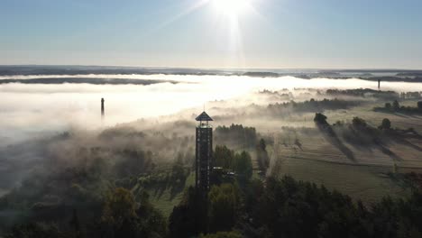 Drone-aerial-view-of-Birstonas-observation-tower,-Lithuania