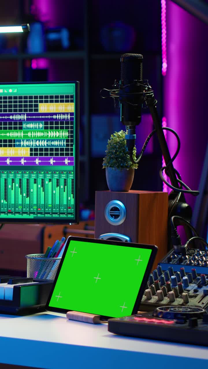 Moderno studio di registrazione domestico con tablet con green screen e DAW