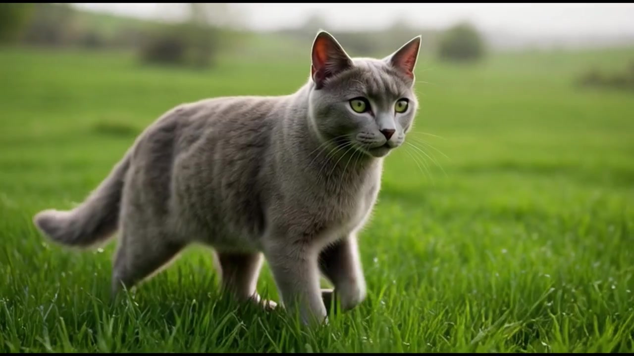 Gatto grigio che cammina nell'erba verde in un prato