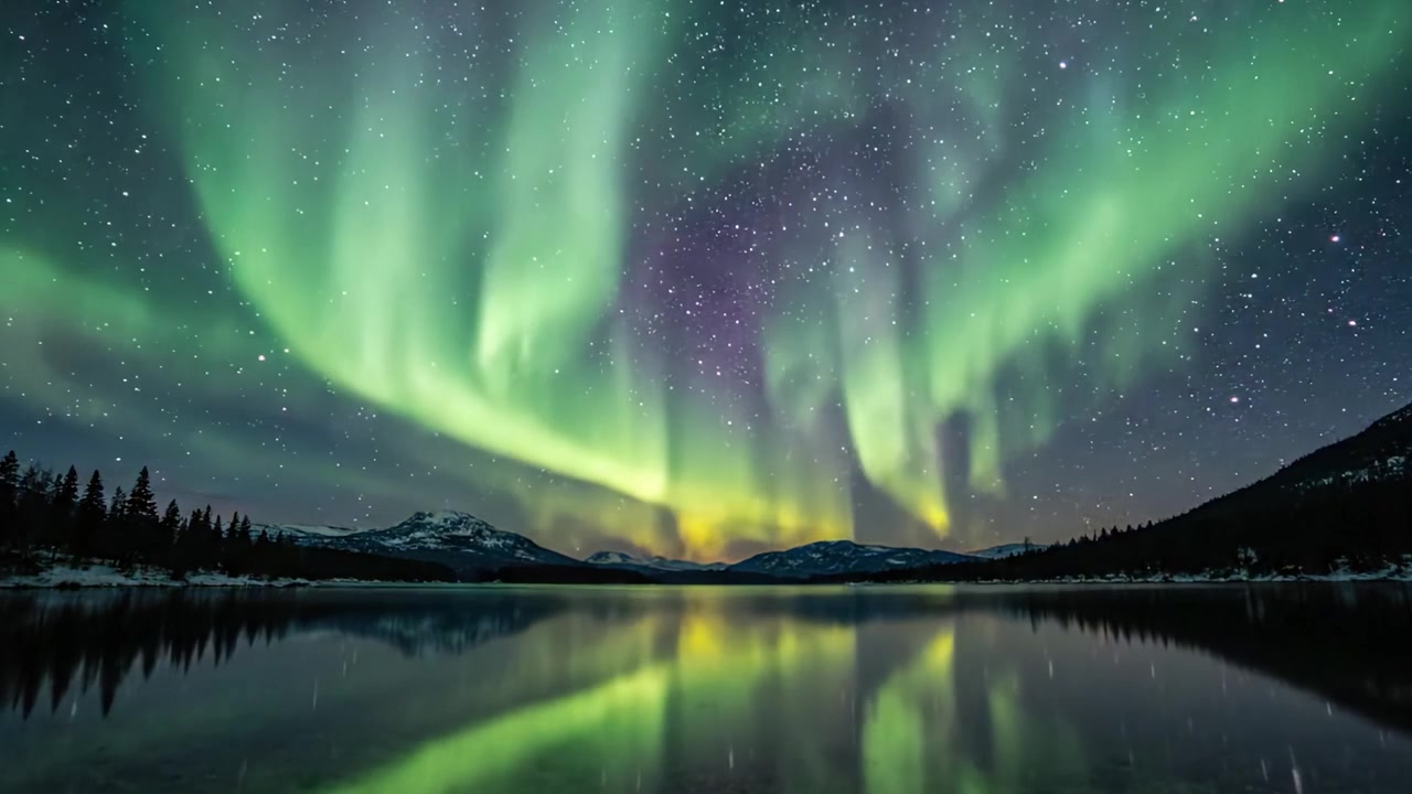 Spettacolare display di aurora boreale che illumina il cielo notturno su un sereno lago riflettente, circondato da maestose montagne e uno sfondo stellato.