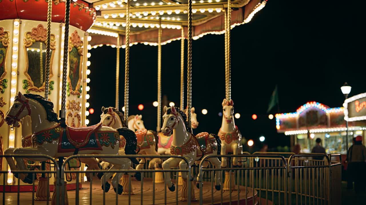 Racking focus, camera pulling carousel into sharp view at nighttime fair, revealing painted horses