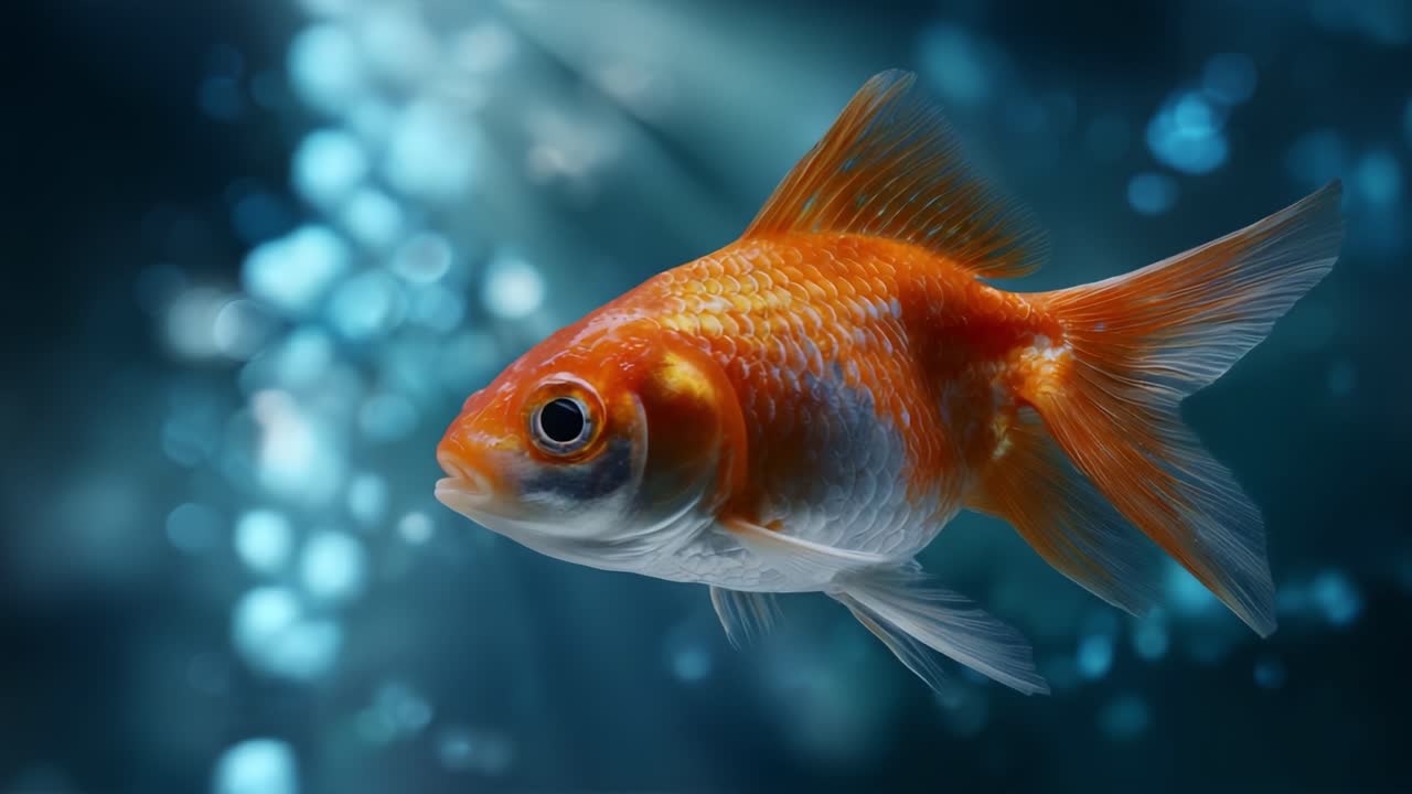 Un vivace pesce rosso che nuota con grazia in un sereno ambiente acquatico, con scintillanti riflessi di luce che creano una scena subacquea da sogno