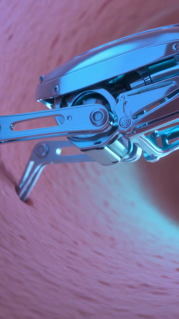 Vertical video: Entering chrome arm sliding on pink plush with blue LED hiding pellet, copy space