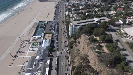 high above california's pacific coast highway in santa monica - heavy northbound traffic along the beach coast